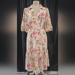 Maison Tara Floral Midi Dress in Pink, Orange, and Green